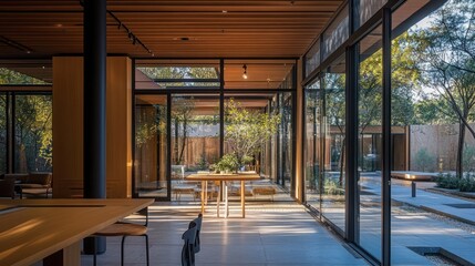 Modern interior with courtyard view, bright, open space