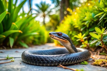 Fototapeta premium Southern Black Racer Snake in St. Augustine Florida Garden Driveway