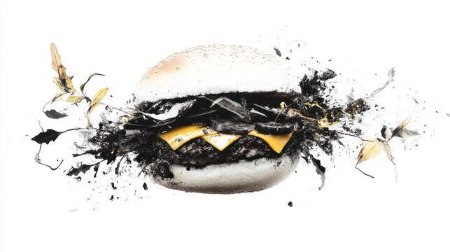 Dark, polluted burger exploding with debris.