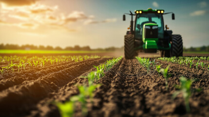 Fototapeta premium Tractor tilling the land at dusk, with the sun sinking behind the horizon. Row crops seedlings emerge from the freshly plowed soil, symbolizing sustainable agriculture and the role