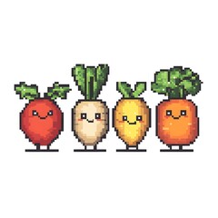 Four cheerful vegetables are displayed in pixel art style, featuring a red radish, white turnip, yellow vegetable, and orange carrot, all with cute smiling faces.