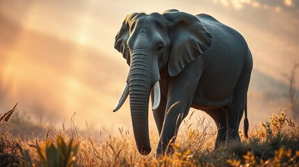 Fototapeta premium Majestic Elephant Silhouette in the Golden Hour: An elephant stands tall in tall grass, majestic presence accentuated by the soft, golden light.