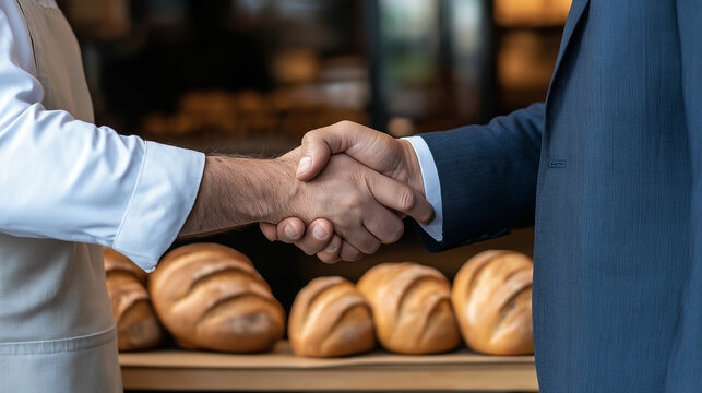 A warm handshake between a baker in a flour-dusted apron and a businessman in a tailored suit, with a display of fresh loaves and baguettes behind them. The moment symbolizes suppo