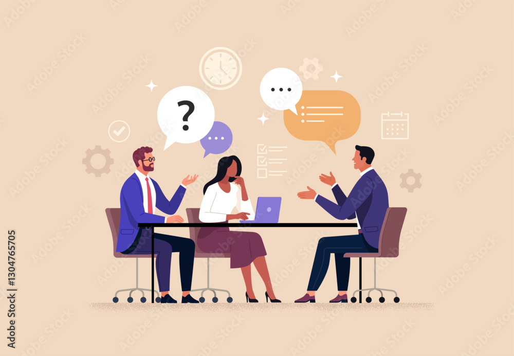 Poster business job interview concept. vector cartoon illustration of two people sitting at a table with a 
