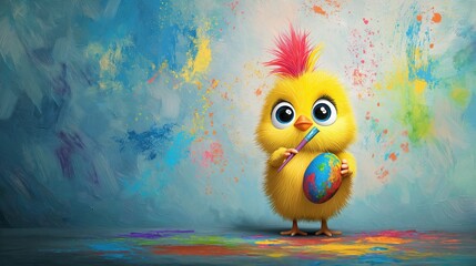 Adorable chick painting Easter eggs with vibrant colors