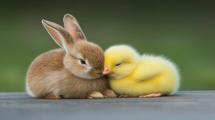 Cute bunny and baby chick snuggling together outdoors