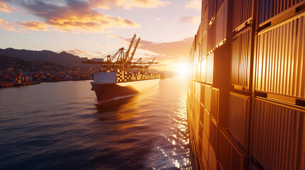 A freight vessel in an active shipping port under sunlight