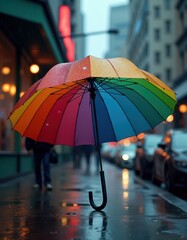 Colorful Umbrella in Urban Rain Setting