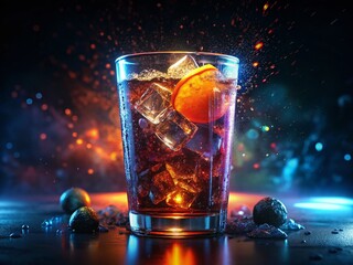 Sparkling Soda with Ice Cubes, Night Photography - Refreshing Summer Drink