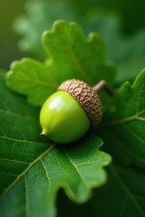 Close-up, softly focused green acorn nestled in oak leaves, organic, outdoor