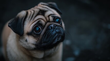 Obraz premium Adorable pug dog with a curious expression looking up against a dark background, highlighting its wrinkled face, round eyes, and distinct features. Cute small breed pet portrait concept