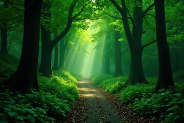 Obraz premium Emerald canopy, rich understory, winding path , trail, evergreen, green