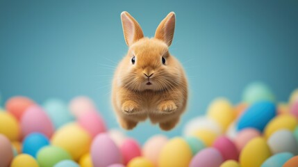 Adorable bunny jumping over colorful Easter eggs