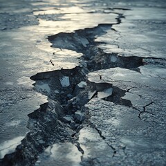 An intense earthquake visual with a split road, broken asphalt, ground upheaval, and debris, seismic damage in highresolution detail, 8K UHD