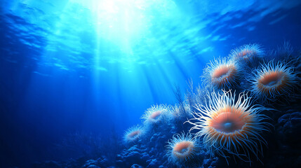 Mesmerizing coral reef scene, with vibrant sea anemones and delicate coral branches set against a deep blue aquatic backdrop. The detailed radial structure of anemone tentacles mov