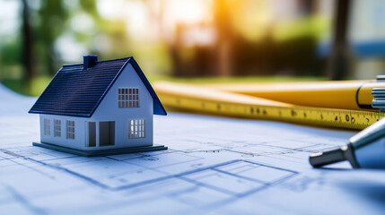 A house model standing on a real estate blueprint, with undeveloped land and measuring tools in the background. The image highlights zoning laws, urban expansion, and residential c