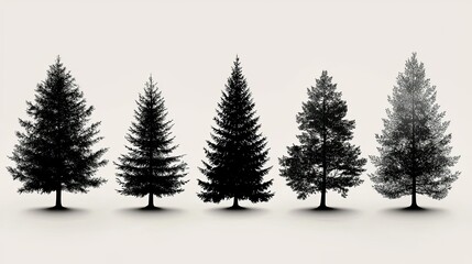 Fototapeta premium Silhouetted evergreen trees are standing in a row with shadows