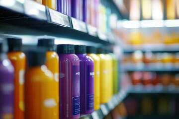 Colorful shampoo bottles on supermarket shelves