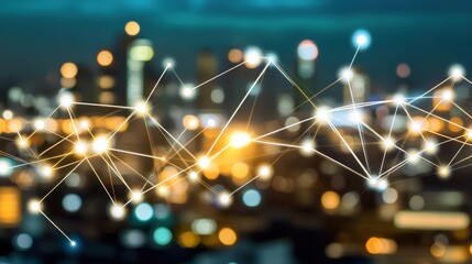 Abstract Network Connection Illustration Over Cityscape at Night