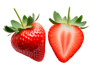 Fotografía profesional, de una fresa roja y otra partida por la mitad, fondo transparente, realista, 4k
