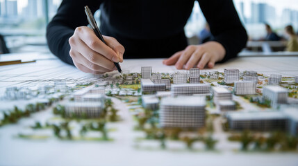 An architect carefully sketches an imaginary city plan on a large blueprint, detailing buildings, roads, and green spaces. The urban planning concept highlights zoning, land regist
