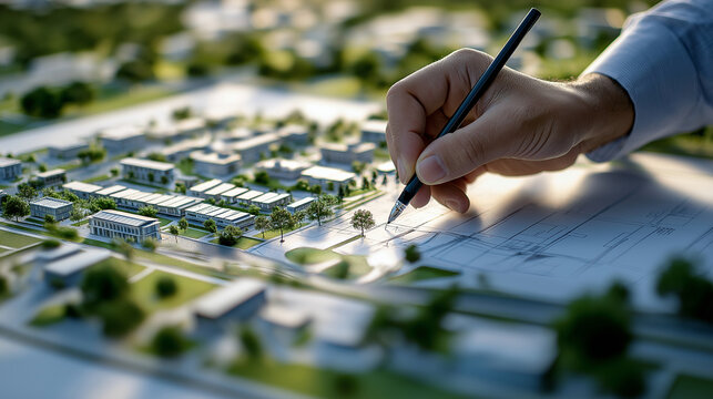 An architect carefully sketches an imaginary city plan on a large blueprint, detailing buildings, roads, and green spaces. The urban planning concept highlights zoning, land regist