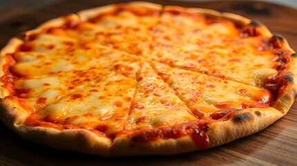  close-up hot  cheesy New York Italian Pizza on wood table, sliced cheese  fast-food