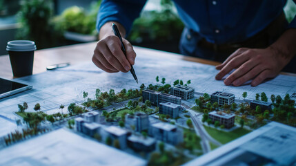 Overhead view of a city planning table filled with maps, blueprints, and models, as an architect fine-tunes building layouts and road intersections for a visionary residential area