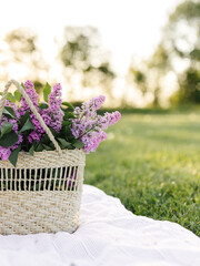 A lush bouquet of purple-pink lilacs sits in a basket on a white blanket, set against a backdrop of green grass, creating a vibrant and romantic scene.