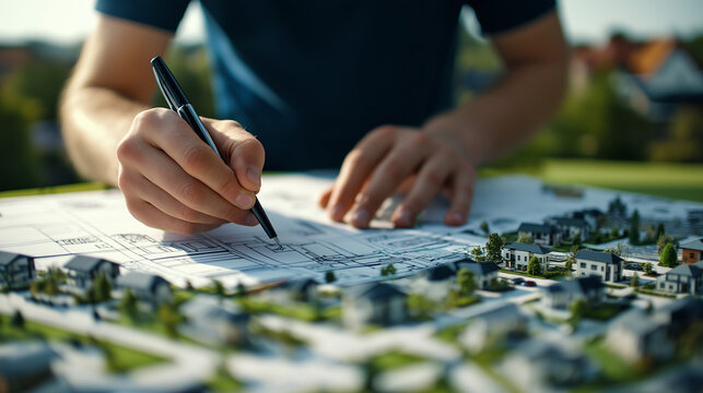 An urban planner carefully marks key locations on a city zoning blueprint, shaping the layout of modern housing developments and commercial centers. The plan visualizes the growth