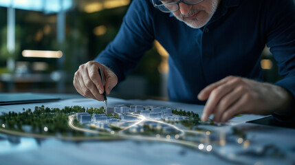 A planning board filled with an evolving city design, where an architect makes precise adjustments, mapping out districts, parks, and smart road systems. The blueprint represents u