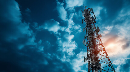 A towering telecommunication antenna stands against a dramatic sky, its massive network of transmitters and satellite dishes beaming wireless signals across the horizon. A symbol o