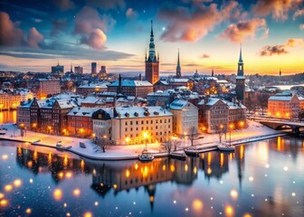 Obraz premium Stockholm Winter Wonderland: Double Exposure of Snowy Cityscape and Evening Lights