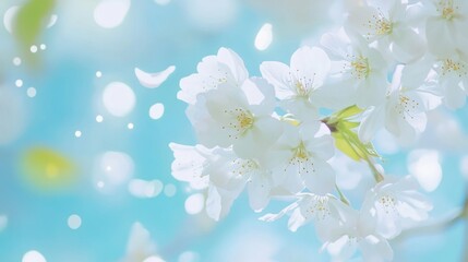 Obraz premium Spring cherry blossoms falling, blue sky, garden, bokeh