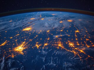 Fototapeta premium Earth at Night from Space Captivating View of City Lights Glowing on the Planet Surface with Stars in Background