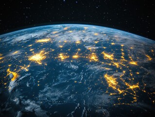 Obraz premium Dramatic aerial view of Earth at night showcasing city lights and atmospheric perspective from space