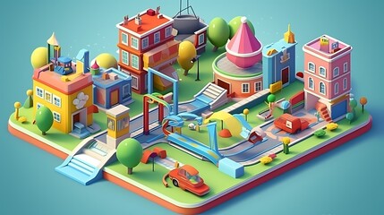 Isometric 3D Urban Landscape Vector with Vibrant Children's Playground.