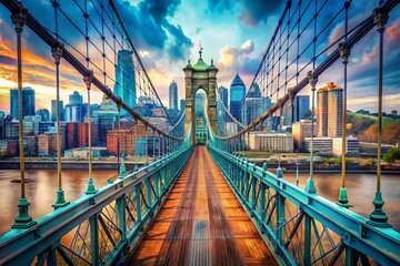 Obraz premium Stunning Aerial Macro View: Suspension Bridge Over Ohio River, Cincinnati Skyline