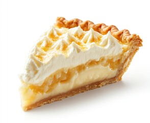  Slice of cream-topped pie isolated on white background, classic dessert photography for bakery packaging or recipe book illustrations.  