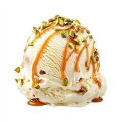 Single vanilla ice cream scoop drizzled with caramel and pistachios isolated on white, minimalist frozen dessert photography for summer campaigns.  