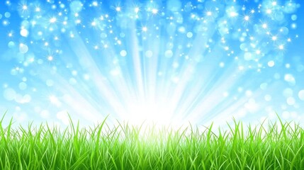 Obraz premium Spring sunrise, grassy field, sparkly sky, bokeh background, website banner