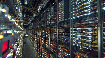 Obraz premium Data Center Aisle with Rows of Server Racks and Colorful Fiber Optic Cables Illuminated