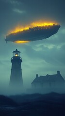 Mysterious lighthouse with floating ship