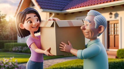 "Young Woman with a Radiant Smile Lifting a Large Cardboard Box for Her Elderly Neighbor in a Warmly Lit Morning, in a Vibrant 3D Cartoon Style"