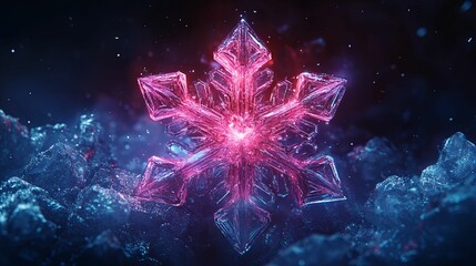 Glowing Pink Crystal Snowflake On Ice