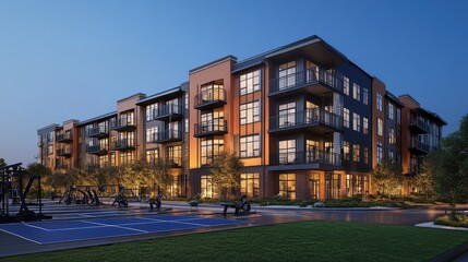 Obraz premium Evening Skyline: Modern apartment building complex with illuminated windows and balconies, set against a twilight sky, evoking a sense of urban living.
