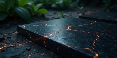 Black marble surface with intricate veins, surrounded by mysterious dark nature, mysterious, texture