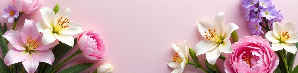 Fototapeta premium Beautiful pastel-colored Easter still life with fresh lilies, hyacinths, and peonies, spring, still life