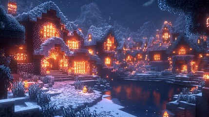 Snowy pixelated village at night; illuminated houses, tranquil lake; game or artistic background; suitable for digital design or game background