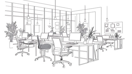A drawing of a large office space with many desks and chairs